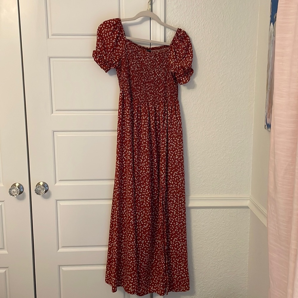Rust floral, smocked, maxi dress with slit